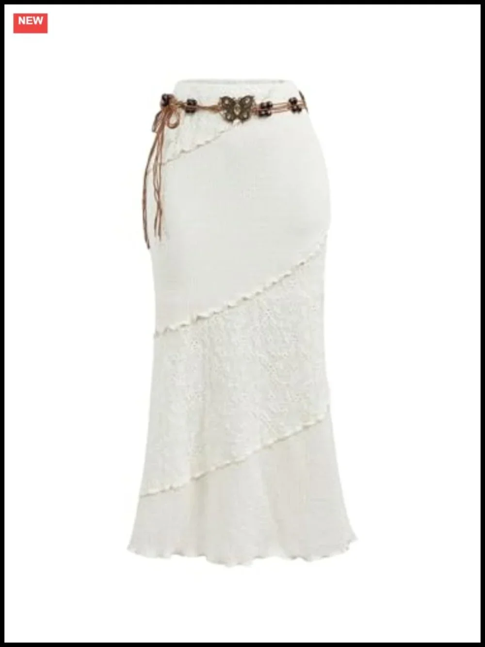 Y2K Boho Crochet Knitted Lettuce Trim Bodycon Midi Skirt with Belt